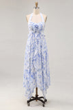 Halter hals A-lijn blauwe bloemen chiffon midi jurk met ruches