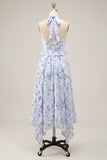 Halter hals A-lijn blauwe bloemen chiffon midi jurk met ruches