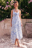 Halter hals A-lijn blauwe bloemen chiffon midi jurk met ruches