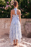 Halter hals A-lijn blauwe bloemen chiffon midi jurk met ruches