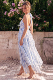 Halter hals A-lijn blauwe bloemen chiffon midi jurk met ruches