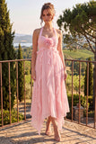 Halter hals A-lijn blauwe bloemen chiffon midi jurk met ruches