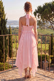 Halter hals A-lijn blauwe bloemen chiffon midi jurk met ruches