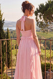 Halter hals A-lijn blauwe bloemen chiffon midi jurk met ruches