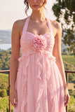 Halter hals A-lijn blauwe bloemen chiffon midi jurk met ruches