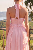 Halter hals A-lijn blauwe bloemen chiffon midi jurk met ruches
