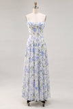 A-lijn blauwe bloemen chiffon spaghetti bandjes rugloos maxijurk met ruches