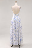 A-lijn blauwe bloemen chiffon spaghetti bandjes rugloos maxijurk met ruches