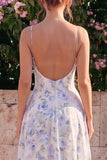 A-lijn blauwe bloemen chiffon spaghetti bandjes rugloos maxijurk met ruches