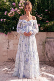 Off-the-shoulder blauwe bloemen Chiffon A-lijn maxijurk met lange mouwen