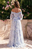 Off-the-shoulder blauwe bloemen Chiffon A-lijn maxijurk met lange mouwen