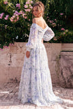 Off-the-shoulder blauwe bloemen Chiffon A-lijn maxijurk met lange mouwen