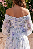Off-the-shoulder blauwe bloemen Chiffon A-lijn maxijurk met lange mouwen