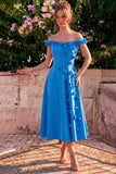 A-lijn blauwe midi-jurk met off-shoulder en 3D-bloemen
