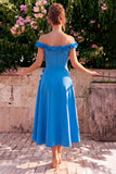A-lijn blauwe midi-jurk met off-shoulder en 3D-bloemen