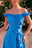 A-lijn blauwe midi-jurk met off-shoulder en 3D-bloemen