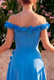 A-lijn blauwe midi-jurk met off-shoulder en 3D-bloemen