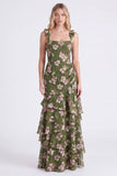Groene bloem A-lijn gelaagde chiffon met gerimpelde dikke bandjes, lange bruidsmeisjesjurk