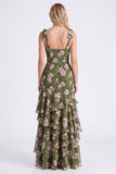 Groene bloem A-lijn gelaagde chiffon met gerimpelde dikke bandjes, lange bruidsmeisjesjurk