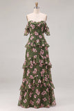 Off-the-shoulder groene bloem A-lijn gelaagde chiffon jurk met ruches lange bruidsmeisjesjurk