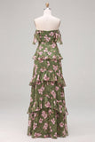 Off-the-shoulder groene bloem A-lijn gelaagde chiffon jurk met ruches lange bruidsmeisjesjurk