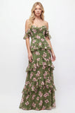 Off-the-shoulder groene bloem A-lijn gelaagde chiffon jurk met ruches lange bruidsmeisjesjurk