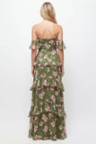 Off-the-shoulder groene bloem A-lijn gelaagde chiffon jurk met ruches lange bruidsmeisjesjurk