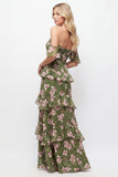 Off-the-shoulder groene bloem A-lijn gelaagde chiffon jurk met ruches lange bruidsmeisjesjurk