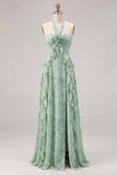 Salie Floral A-lijn Chiffon halter hals lange rucherige jurk met bruidsmeisjesjurk met split