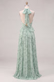 Salie Floral A-lijn Chiffon halter hals lange rucherige jurk met bruidsmeisjesjurk met split