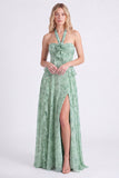 Salie Floral A-lijn Chiffon halter hals lange rucherige jurk met bruidsmeisjesjurk met split