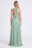 Salie Floral A-lijn Chiffon halter hals lange rucherige jurk met bruidsmeisjesjurk met split