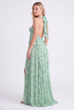 Salie Floral A-lijn Chiffon halter hals lange rucherige jurk met bruidsmeisjesjurk met split