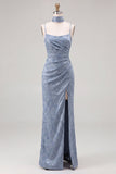 Stoffige blauwe Jacquard Maxi bruidsmeisjesjurk met lange hals sjaal