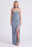 Stoffige blauwe Jacquard Maxi bruidsmeisjesjurk met lange hals sjaal