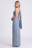 Stoffige blauwe Jacquard Maxi bruidsmeisjesjurk met lange hals sjaal