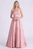 Strapless roze A-lijn satijnen bloemenjurk met lange bruidsmeisjesjurk met strik