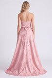 Strapless roze A-lijn satijnen bloemenjurk met lange bruidsmeisjesjurk met strik