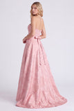 Strapless roze A-lijn satijnen bloemenjurk met lange bruidsmeisjesjurk met strik