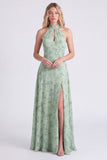 Sage A-lijn halter halshals bloemen chiffon lange bruidsmeisjesjurk met split