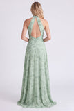 Sage A-lijn halter halshals bloemen chiffon lange bruidsmeisjesjurk met split