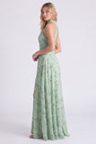 Sage A-lijn halter halshals bloemen chiffon lange bruidsmeisjesjurk met split