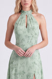 Sage A-lijn halter halshals bloemen chiffon lange bruidsmeisjesjurk met split