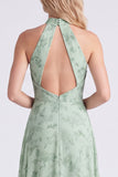 Sage A-lijn halter halshals bloemen chiffon lange bruidsmeisjesjurk met split