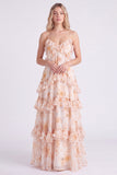 A-lijn roze bloemen chiffon gelaagde spaghettibandjes lange bruidsmeisjesjurk met ruches