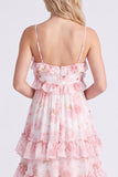 A-lijn roze bloemen chiffon gelaagde spaghettibandjes lange bruidsmeisjesjurk met ruches
