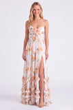 Chiffon lichtblauwe bloemen A-lijn Spaghetti bandjes met ruches lange bruidsmeisjesjurk met split