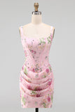 Roze vierkante hals bodycon gerimpelde bloemenpailletten korset homecoming jurk