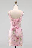 Roze vierkante hals bodycon gerimpelde bloemenpailletten korset homecoming jurk