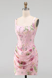 Roze vierkante hals bodycon gerimpelde bloemenpailletten korset homecoming jurk